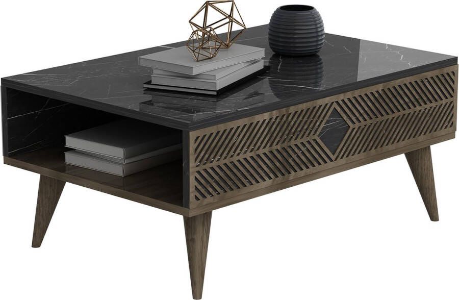 Inandoutdoormatch Stijlvolle Salontafel Jef 40x90x60cm Marmer Zwart en Walnootkleurig Modern Design Spaanplaat Metaal - Foto 2