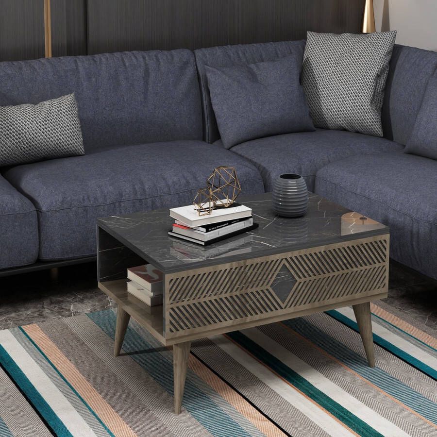 Inandoutdoormatch Stijlvolle Salontafel Jef 40x90x60cm Marmer Zwart en Walnootkleurig Modern Design Spaanplaat Metaal