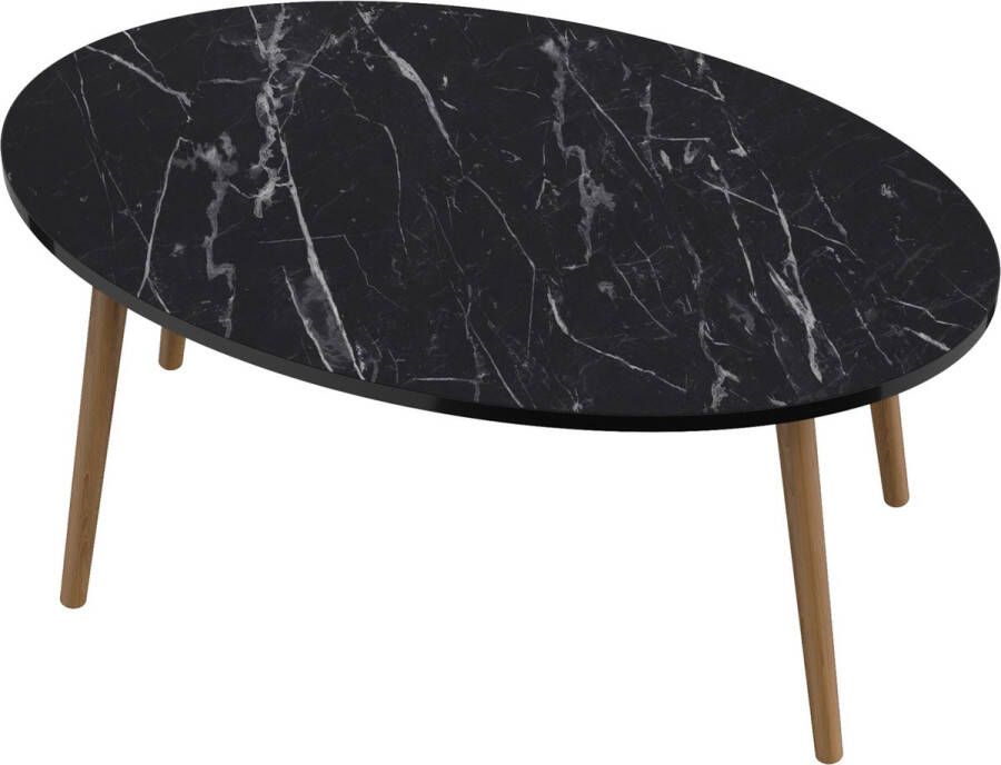 Inandoutdoormatch Stijlvolle Salontafel Ovaal Ryder 41x90x50cm Marmer Zwart en Houtkleurig Eyecatcher Decoratieve Tafel Spaanplaat en Hout