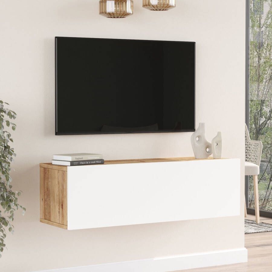 Inandoutdoormatch TV Kast Galilea TV Meubel TV meubel 100x31 5x29 5cm Houtkleurig en Wit Spaanplaat Sierkast