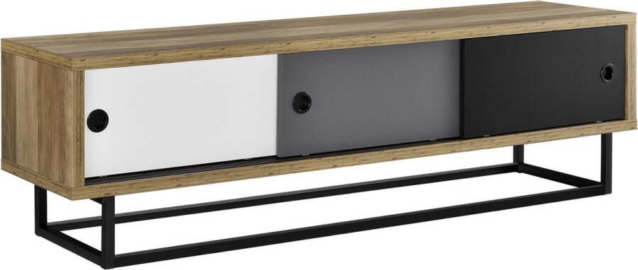 Unbranded TV Kast Severina Met 3 Schuifdeuren 140x35x41 cm Houtkleurig Zwart Wit en Grijs MDF en Metaal Stijlvol Design