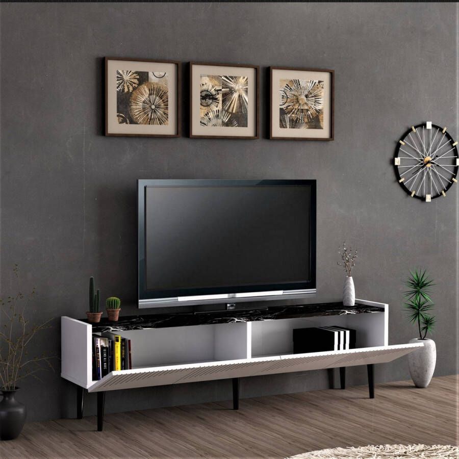 Unbranded TV meubel Elwood TV meubel 45x154x37 cm kleur wit en marmer zwart spaanplaat kunststof decoratief design