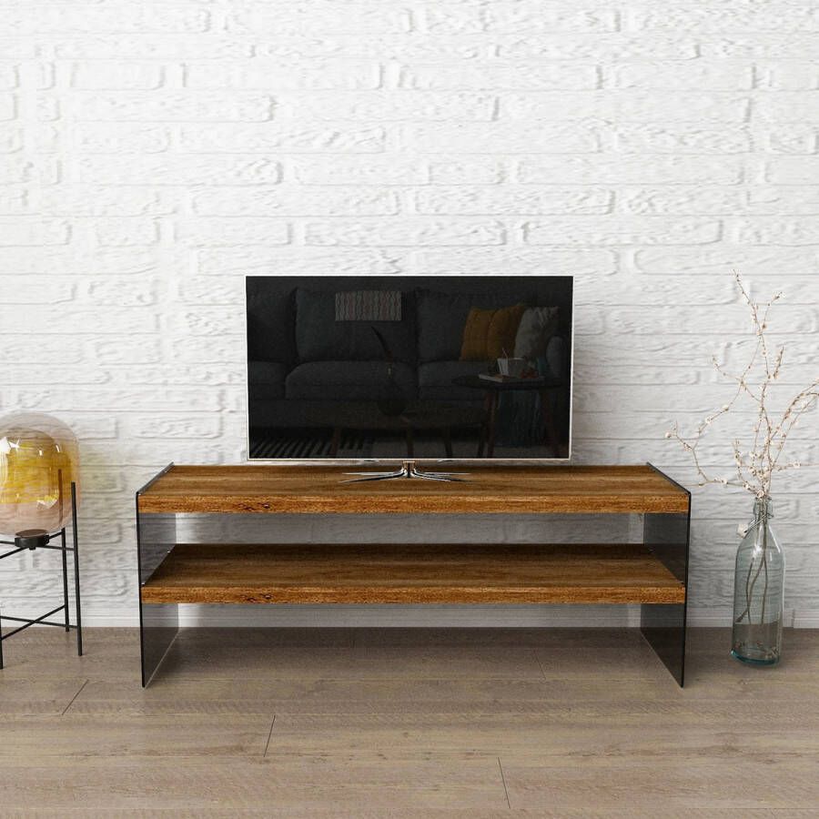 Unbranded Tv-meubel Eulalia Tv-meubel 45x120x35 cm Houtkleurig en Transparant Spaanplaat en Gehard Rookglas Modern Design