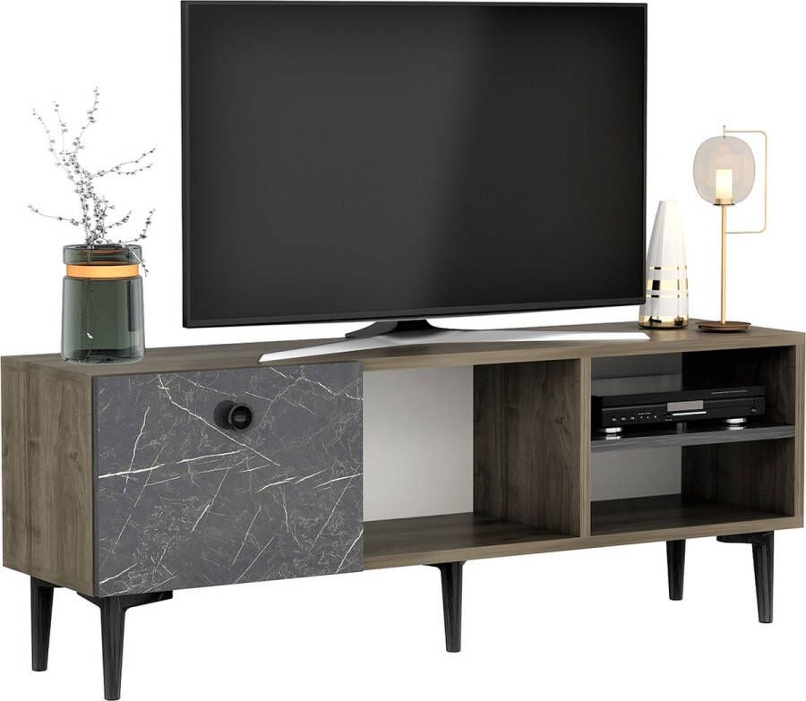 Inandoutdoormatch TV Meubel Maria TV meubel 45x120x30 cm Walnoot kleurig en Marmer Zwart Decoratief Design Spaanplaat Kunststof