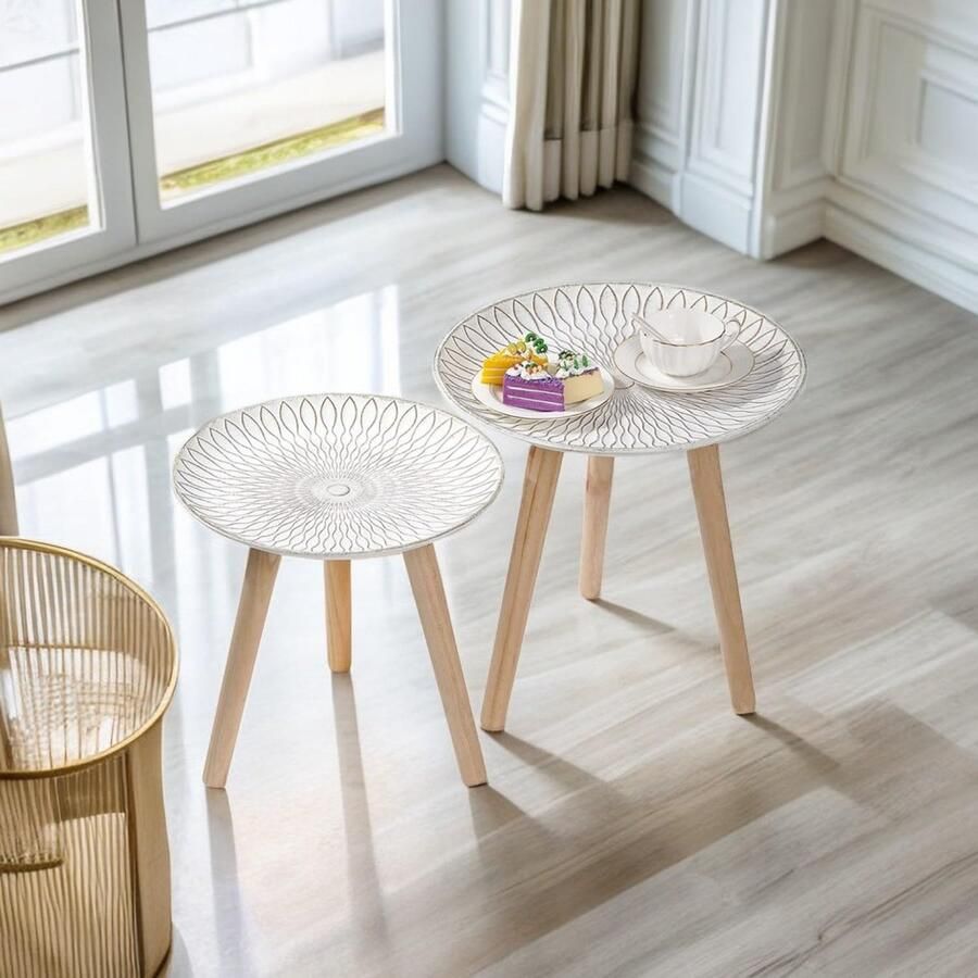 Unbranded Bijzettafels set van 2 ronde salontafels ronde driepotige sofafel set voor de woonkamer slaapkamer balkon shabby wit 35 cm 40 cm