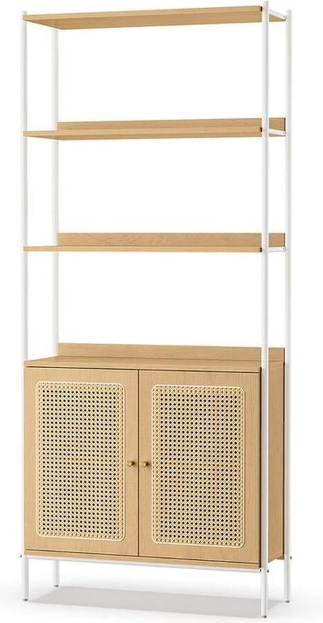 Unbranded Boekenkast met 6 niveaus Dressoir vrijstaande plank Kast deuren met rotanlook metalen frame eikenbeige-parelwit