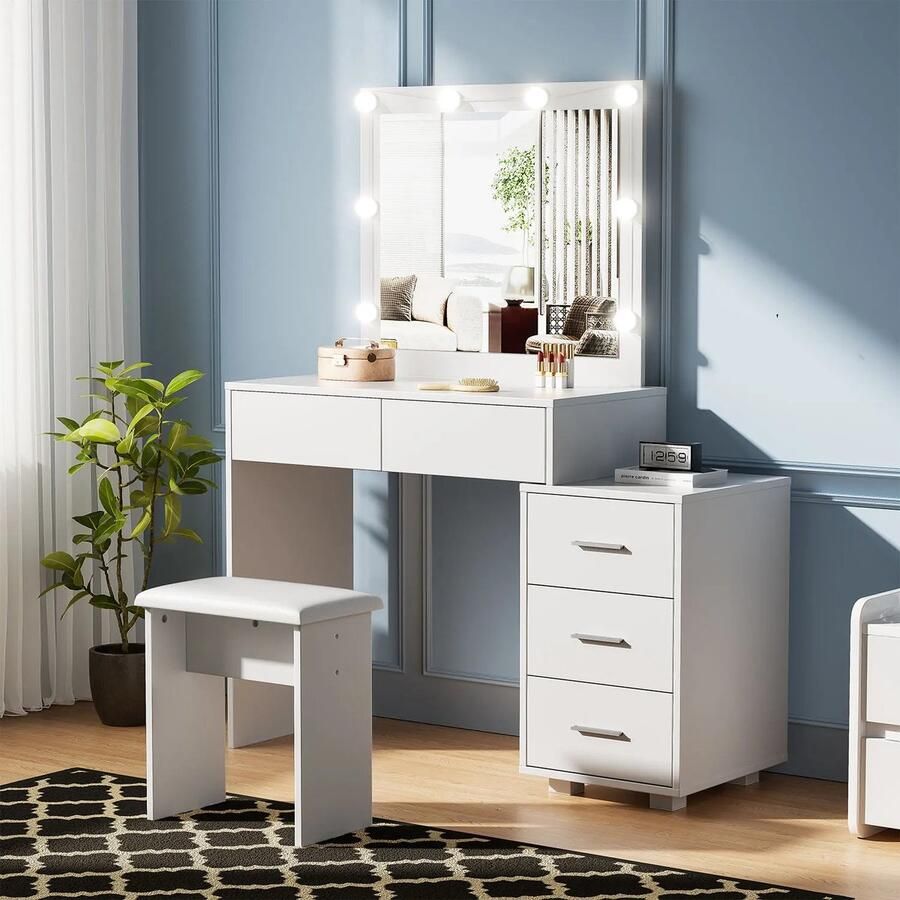 Unbranded Bolliving kaptafel wit spiegel met Hollywoodverlichting kruk grote kaptafel met 5 lades