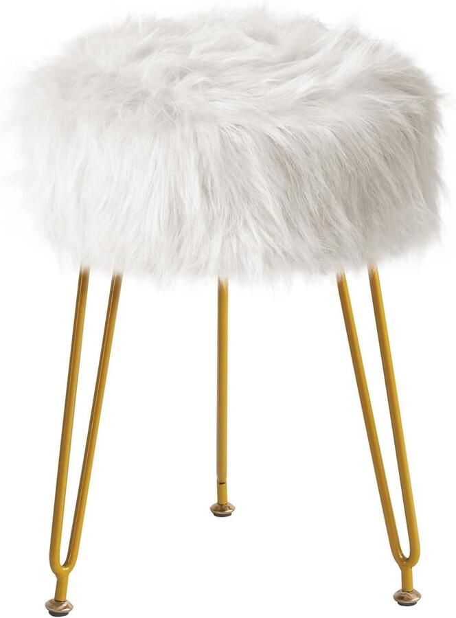 Unbranded Bureaustoel Faux Fur zachte gewatteerde zitting ronde met 4 metalen poten 32D x 32B x 44H centimeter Goud wit