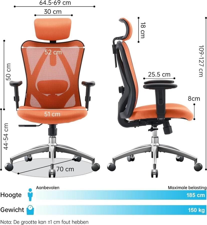 Unbranded bureaustoel- office chair -Ergonomische bureaustoel draaist oel met verstelbare lendensteun hoofdsteun en armleuning belastbaar tot 150 kg- Tropische sinaasappel