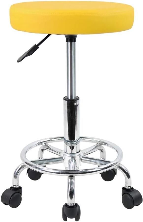 Verstelbare Ronde Rolkruk met Voetsteun – Draaibaar Hoogte Instelbaar Comfortabel voor Salon Tattoo Massage en Kantoor (Geel)