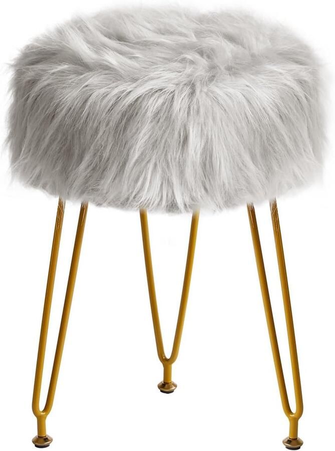 Unbranded Bureaustoel Faux Fur zachte gewatteerde zitting ronde met 4 metalen poten 32D x 32B x 44H centimeter Goud grijs