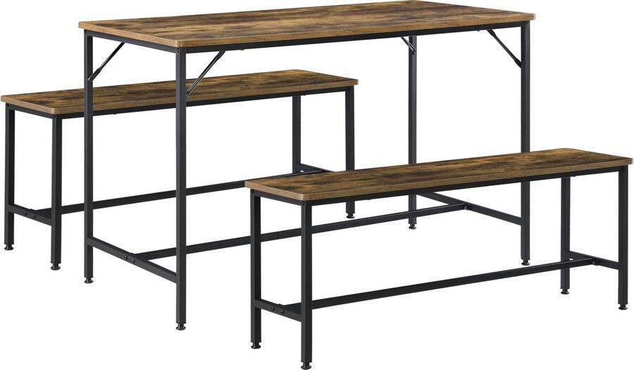 Unbranded Eetkamerset Paula Eettafel met zwarte en houtkleurige banken Staal en spaanplaat Modern design - Foto 2