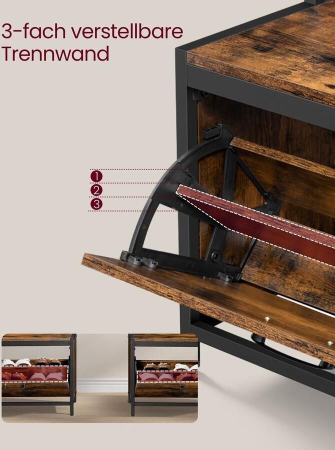 Unbranded Signature Home Glasglow Kapstok met schoenenkast garderobe met zitbank kledingstandaard schoenenkast 7 haken bovenste plank industrieel design vintage bruin-zwart