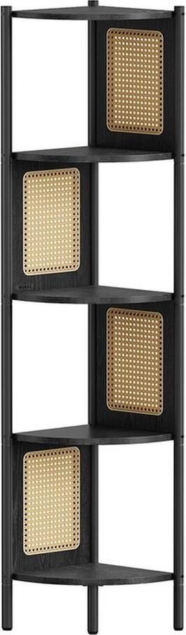 Unbranded Signature Home Hoekboekenkast met rotan zijpanelen Staande Kast Boekenkast Metalen frame Ebbenhout Zwart 30 x 30 x 150 cm
