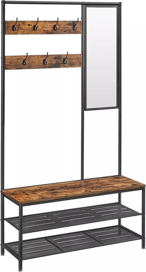 In And Outdoormatch Kapstok industrieel Alysson Met schoenenrek en spiegel Wandkapstok Industrieel Met plank Hoedenplank 35x98x180cm