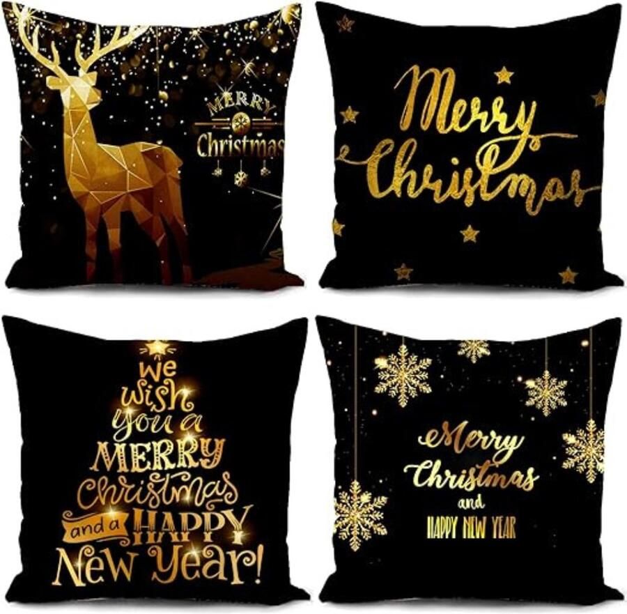 Unbranded Kerst- Kussenloop Kerstkussenhoes Kerstkussensloop Kerstdecoratie Winterkussenhoezen Kerstcadeau Kussenhoes Woonkamer Bank Zwart Set van 4 40x40cm