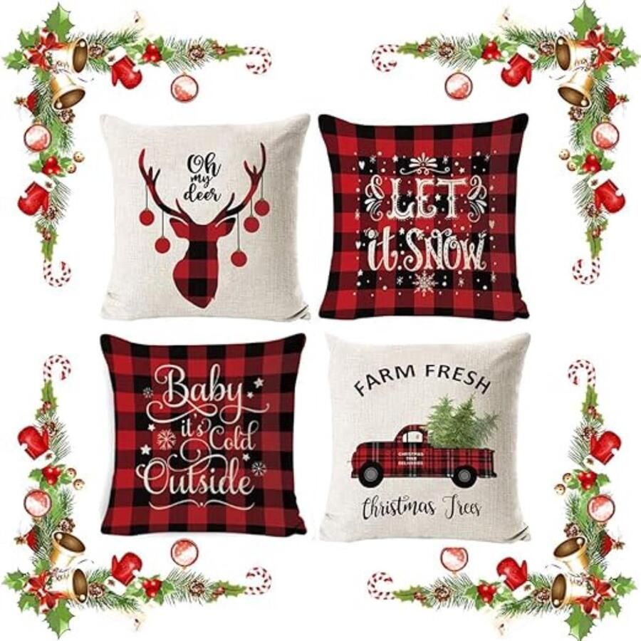 Unbranded Kerst- Kussenloop Kerstkussenhoezen 100% Katoen-Linnen – Duurzaam en Milieuvriendelijk – 4 Klassieke Kerstpatronen – Decoratieve Kussens voor op de Bank en Als Woondecoratie Set van 4 – 45 x 45 cm