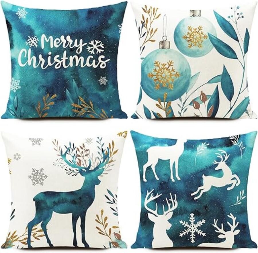 Unbranded Kerst- Kussenloop Kerstkussenhoezen Kerstdecoratie Winter Sierkussenhoezen Kerstcadeau kussenhoes Woonkamer Bank Turquoise Hert Set van 4 40x40cm