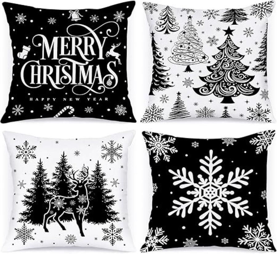 Unbranded Kerst- Kussenloop Kerstkussenslopen Kerstdecoratie Kussensloop Winter Decoratieve Kussensloop Kerstboomkussen voor Binnen Huis Slaapkamer Bank Kerstbankdecoratie Zwart Set van 4 40x40cm