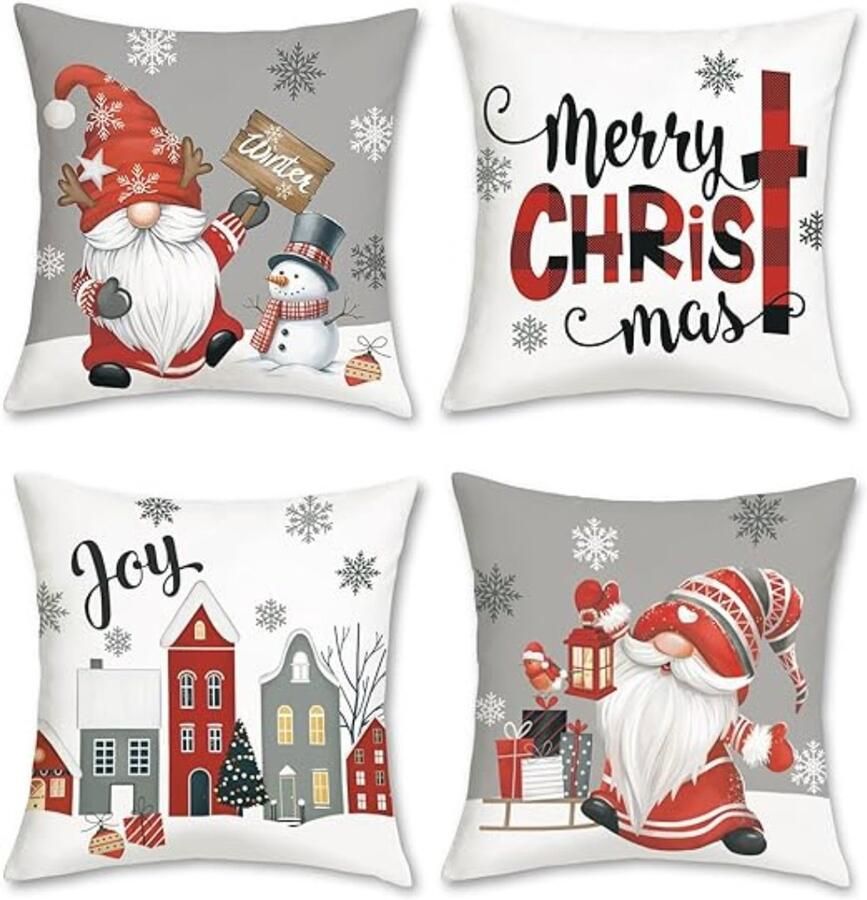 Unbranded Kerst- Kussenloop Kussenhoezen Kerstmis Sneeuwvlok Sneeuwpop Decoratieve Kussenhoezen Decoratieve Sierkussenhoezen voor Bank Slaapkamer Huis Winterdecoratie Set van 4 Grijs 45 x 45 cm
