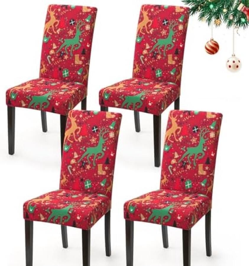 Unbranded Kerst Stoelhoezen Set van 4 Kerstmis Universeel Wasbare Stoelhoezen Voor Eetkamerstoelen Eetstoelhoezen Stoelbekleding Decoratie Voor Woonkamer Keuken Feest Rood-Eland
