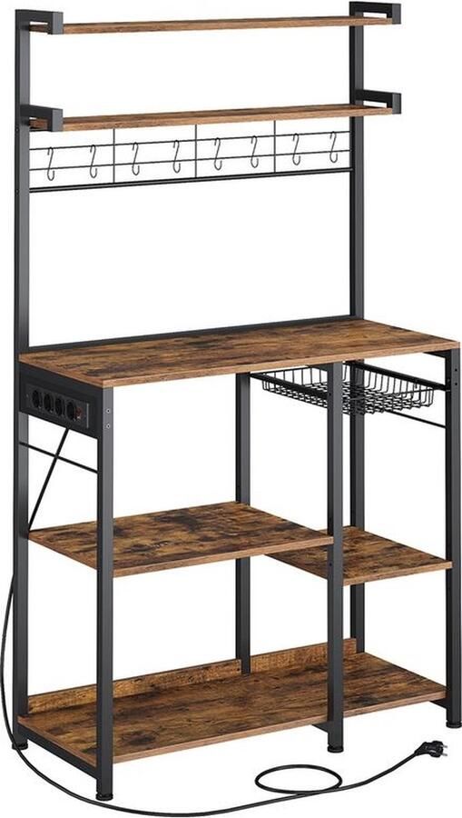 Unbranded Signature Home keukenrek staande keukenkast met stopcontacten magnetronrek bakkersrek 8 S-haken met mandje kruidenrek vintage bruin-inktzwart 40 x 90 x 165 5 cm