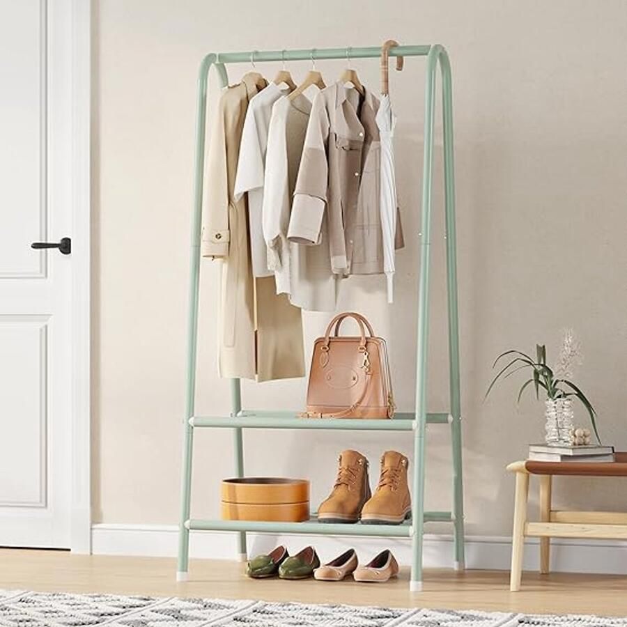 Unbranded Kledingrek A-Vormige Structuur 35D x 62B x 157 5H centimeter Laadvermogen 99 79 kg Roestvrij staal mintgroen met Dubbele Bodemplank