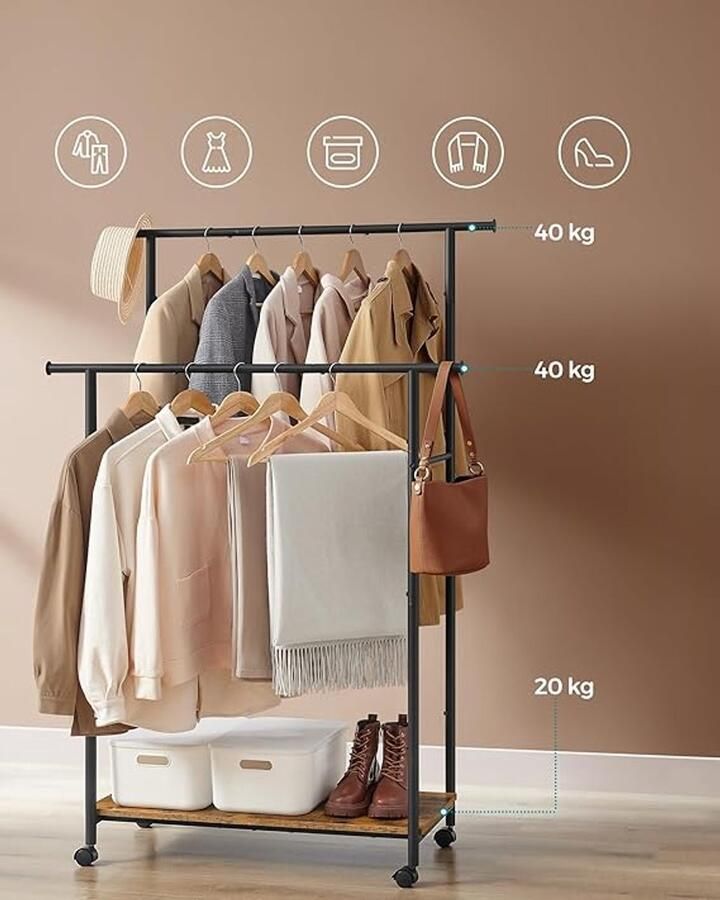 Unbranded Kledingrek met plank 39 6D x 98 5B x 156 8H centimeter hout staal met wielen totale capaciteit 100 kg bruin en tzwart