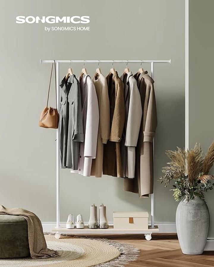 Unbranded Kledingrek met plank staal 35D x 98 5B x 160 3H centimeter met wielen Laadvermogen 1.1E+2 lb (50 kg) Natuurlijk beige + wolkenwit