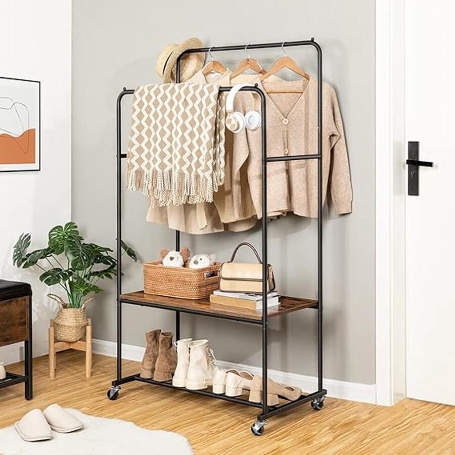 Unbranded Kledingrek met wielen en 2 planken Samengesteld hout Metaal 44D x 84B x 156H centimeter Laadvermogen 70 kg donkerbruin + zwart