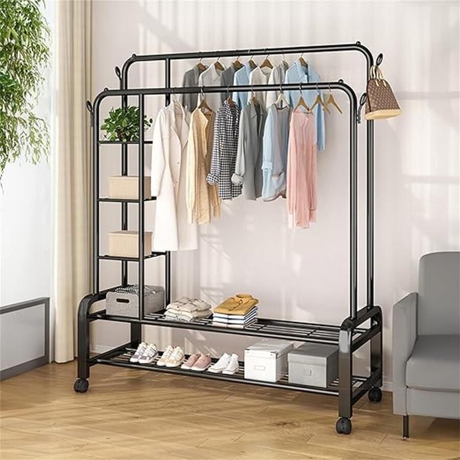 Unbranded kledingrek Metaal 150D x 52B x 162H centimeter Laadvermogen 100 kg dubbele stang met 4 haken en opbergplanken met wieltjes zwart - Foto 2