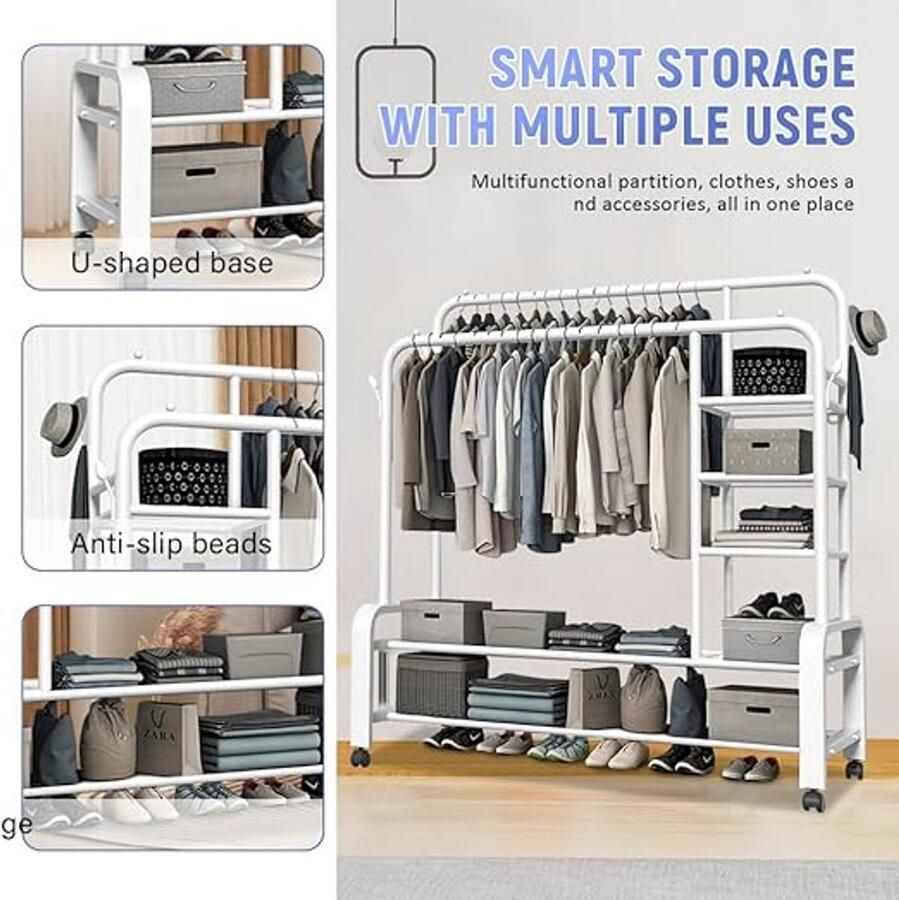 Unbranded kledingrek Metaal 45D x 150B x 150H centimeter Laadvermogen 100 kg op wielen staande plank wit