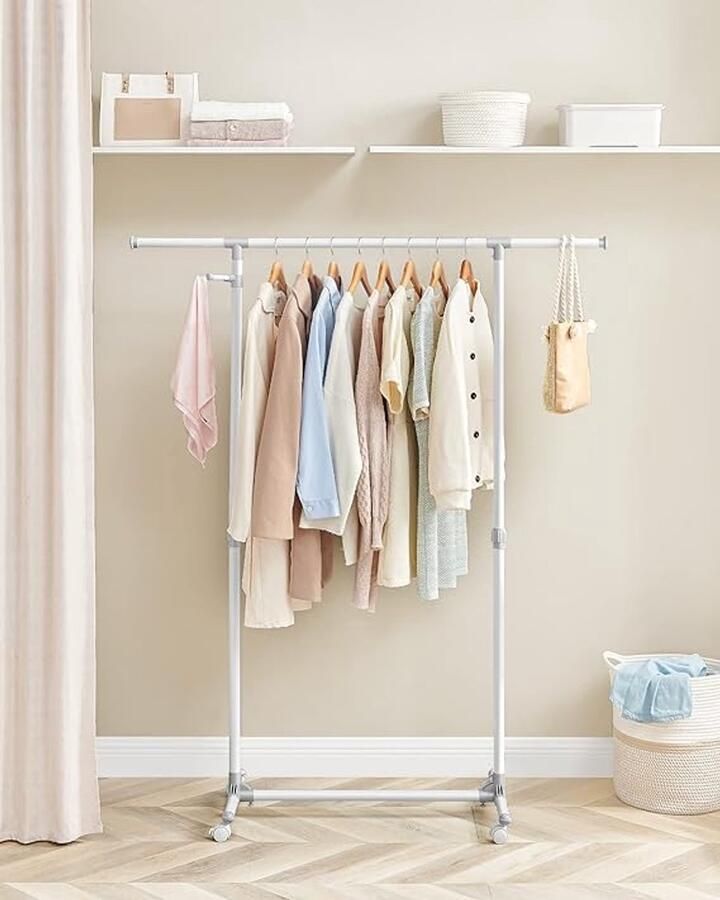 Unbranded kledingrek Metaal 87D x 44B x 97H centimeter Laadvermogen 25 kg op wieltjes in hoogte verstelbaar zijhaken voor accessoires wit