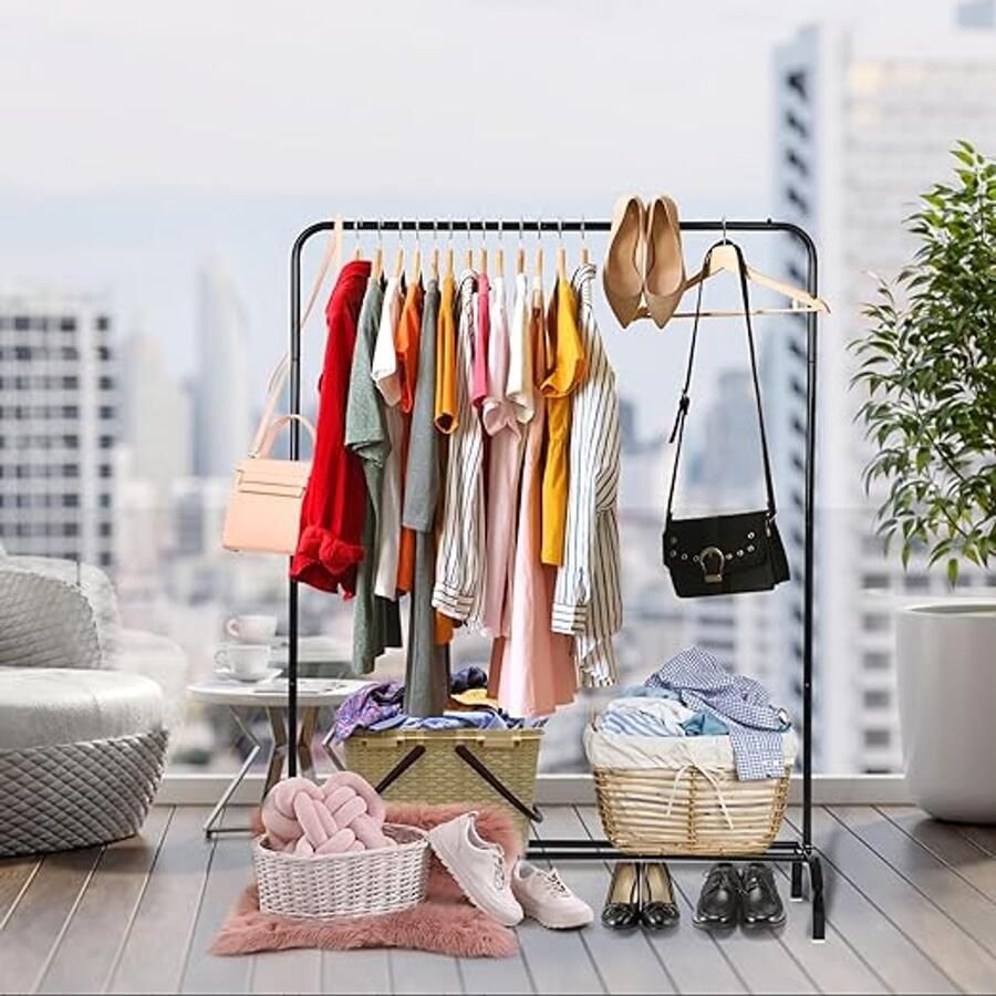 Unbranded kledingrek Metalen belastbare met bovenstang en opslag onderste plank 40D x 110B x 150H centimeter Laadvermogen 181 44 kg zwart