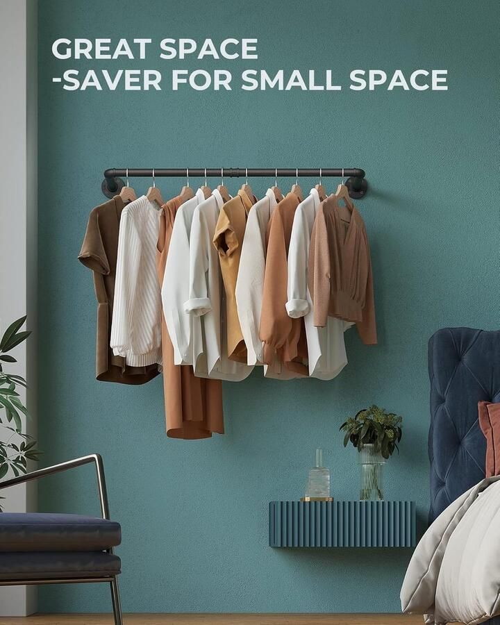 Unbranded kledingrek metalen dubbele basis wandmontage afneembare retro 25D x 97B x 8 5H centimeter Laadvermogen 50 kg Zwart