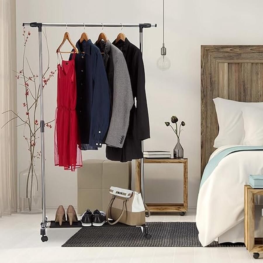 Unbranded kledingrek staal op wielen en plank verrijdbaar verstelbaar 50D x 151B x 162H centimeter Laadvermogen 10 kg zilver