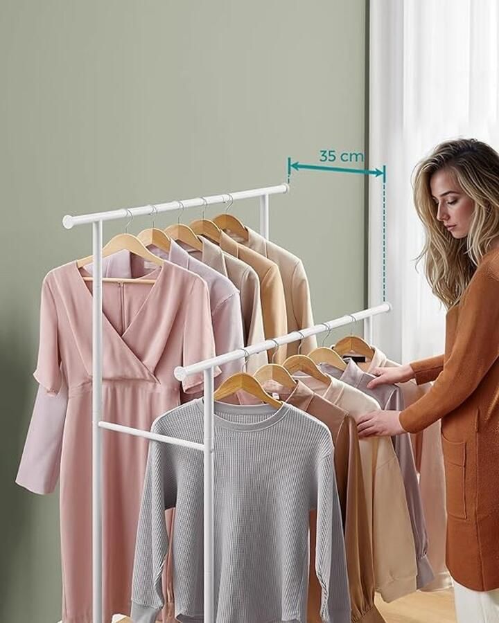 Unbranded Kledingrek stalen structuur 39 6D x 98 5B x 156 8H centimeter Laadvermogen 100 kg Natuurlijk beige + wolkenwit met wielen met plank