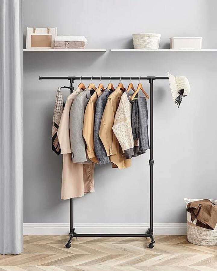 Unbranded Kledingrek uittrekbare garderobestang zijhaken 87D x 44B x 97H centimeter Laadvermogen 25 kg staallegering op wieltjes hoogte verstelbaar zwart