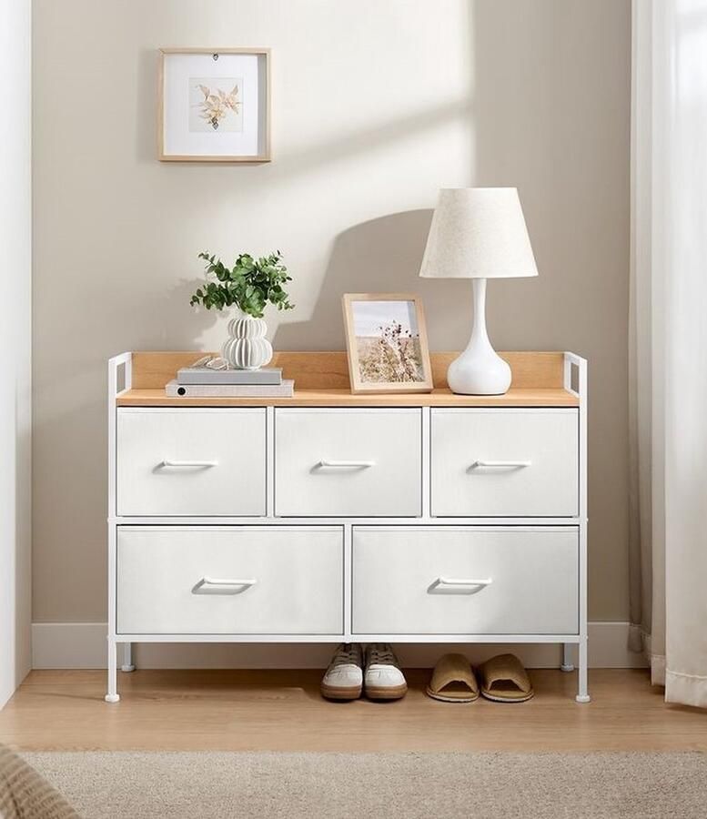 Unbranded Ladenkast 5 Stoffen Laden Dressoir Opbergkast Met Handgrepen Commode Kast Voor Woonkamer Hal Stalen Frame Wit Beige