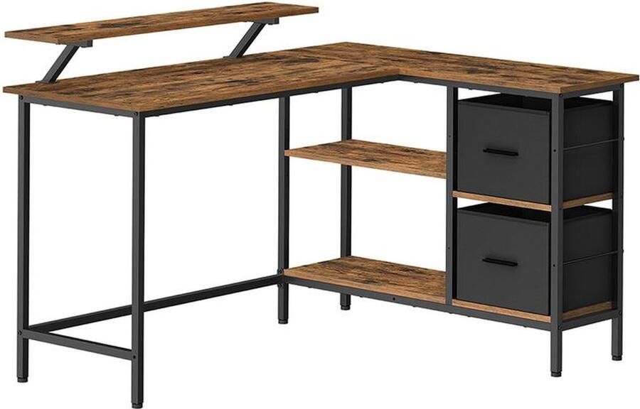 Unbranded Livaa bureau hoekbureau 2 ruime lades met monitorstandaard met verstelbare plank vintage bruin 115 x 105 cm