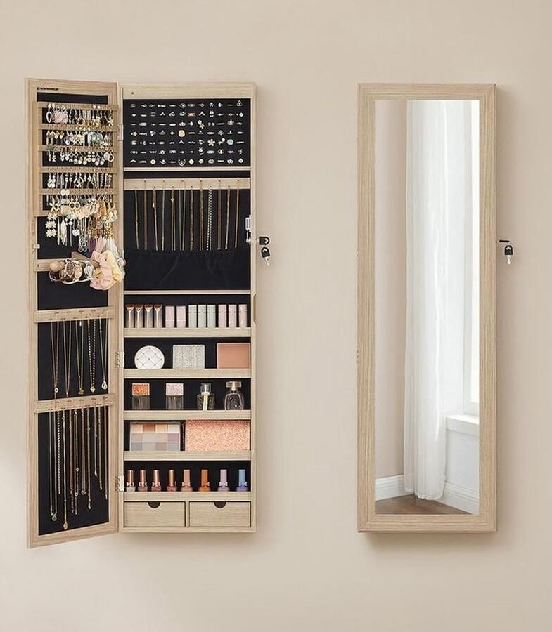 Unbranded Signature Home Madonna hangende sieradenkast afsluitbare sieradenkast met spiegel spiegelkast wandkast met spiegel en meerdere vakken aan de muur gemonteerd hangend aan de deur voor kettingen oorbellen eiken