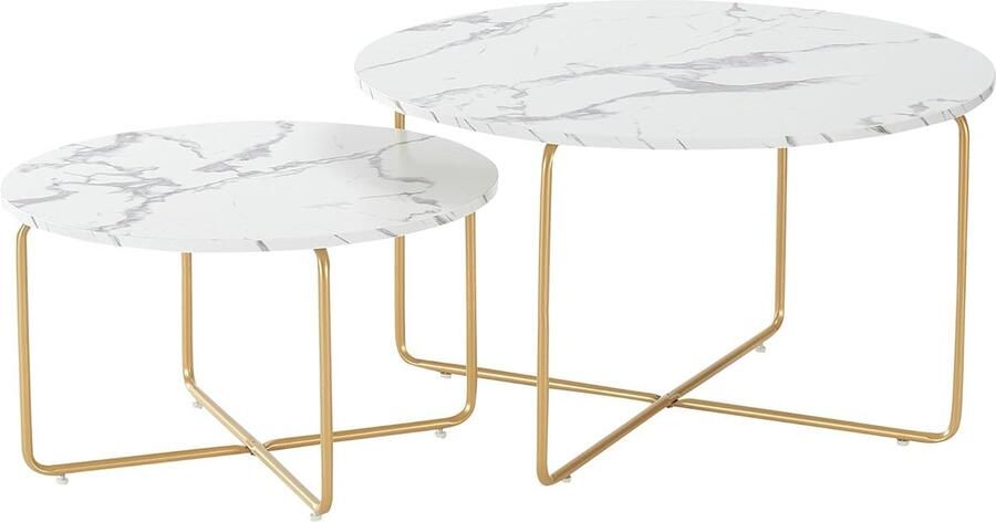 Unbranded Marmeren salontafel rond marmeren tafel voor woonkamer salontafel set van 2 ronde tafel met champagnegouden frame en plaat in marmerlook