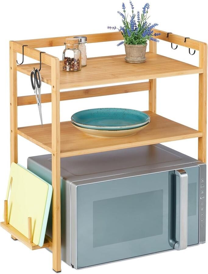 Unbranded Microwave rack 67 x 61 x 35 cm 4 haken bamboe staal rubber natuur