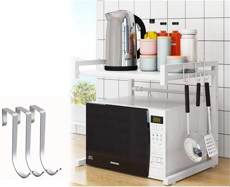 Unbranded Microwave rack-magnetronstandaard-organizer met 3 haken-wit
