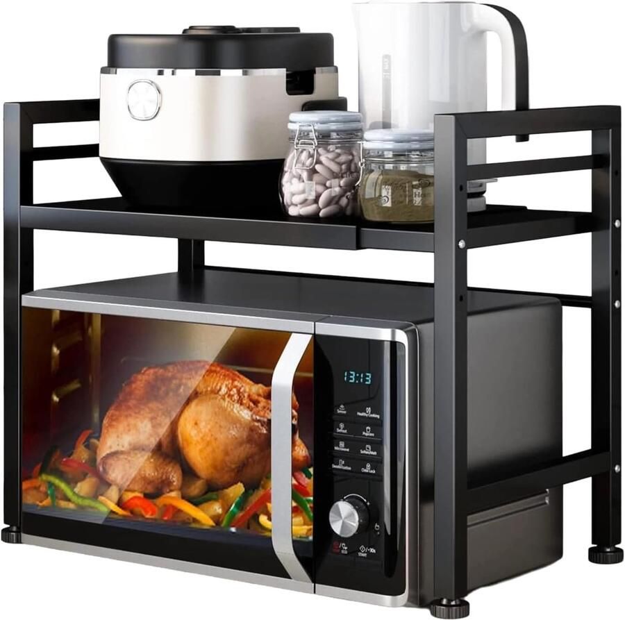 Unbranded Microwave rack-Uitbreidbaar magnetronrek 2-laags keuken magnetron plank-set van 2-zwart