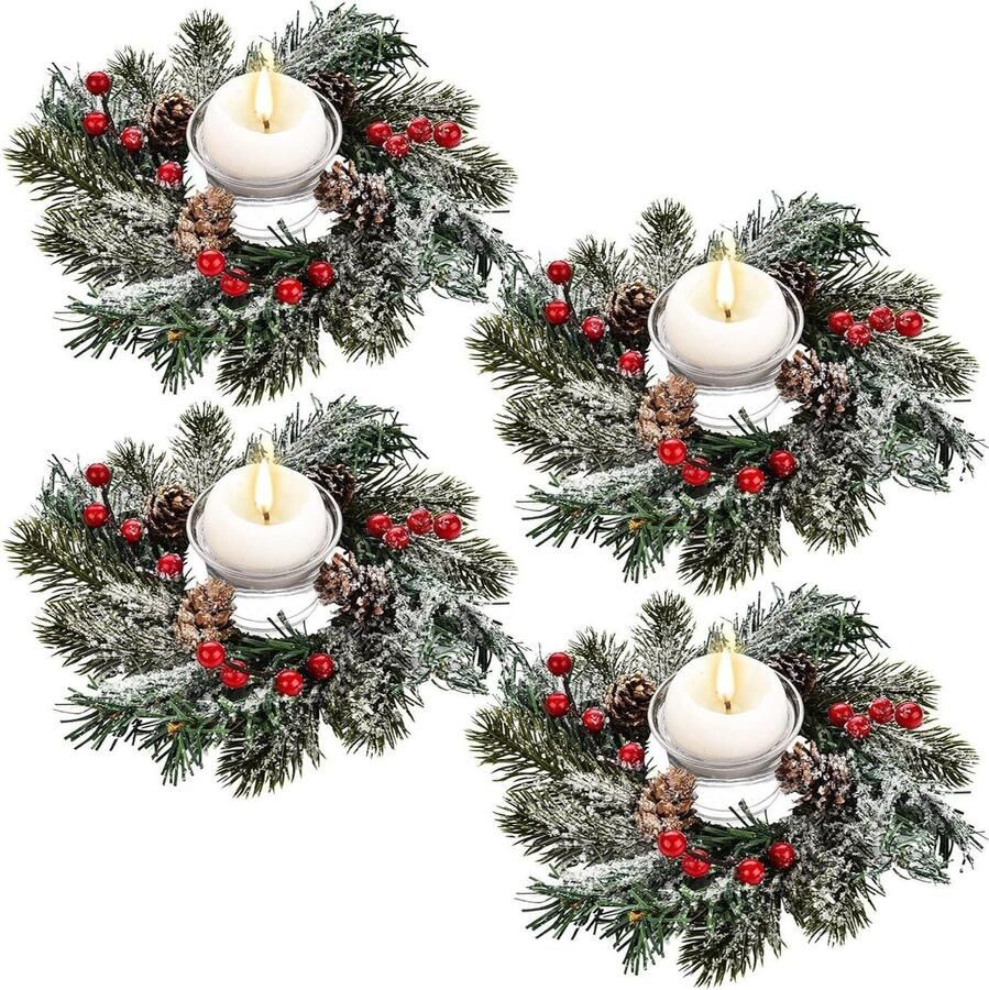 Unbranded oCreon 4 Stuks Kerst Kaars Ringen met Rode Bessen en Dennennaalden Kaarsenhouder voor Tafel en Deur