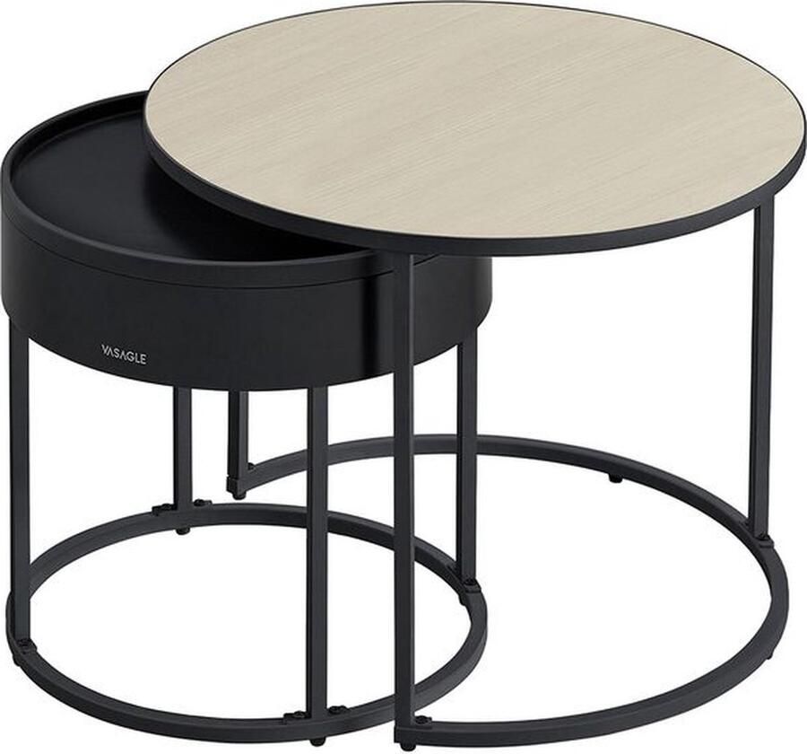 Unbranded Rome Ronde salontafel set van 2 ronde bijzettafels Set verborgen opbergbak natuurlijke walnoot Grijs Zwart