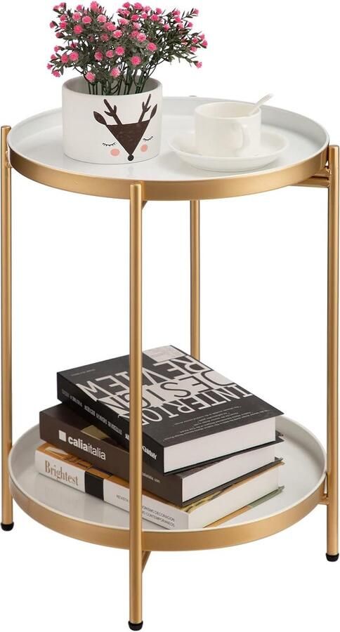Unbranded Ronde bijzettafel salontafel rond etalen bijzettafel 2-laags dienblad snacktafel salontafel theetafel nachtkastje banktafel geschikt voor woonkamer slaapkamer balkon of terras goud en wit