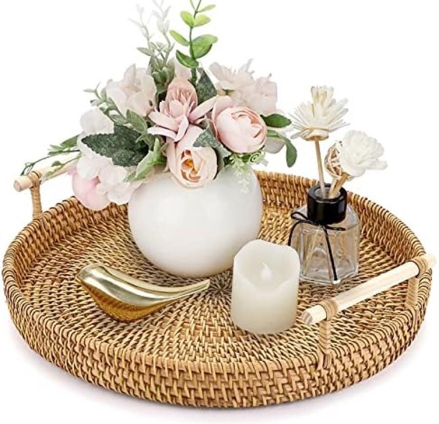 Unbranded Ronde rotan geweven dienblad 28 cm decoratieve display lade opbergschalen met handvat tafel desktop organizer lade voor koffie drank ontbijt thee kaars