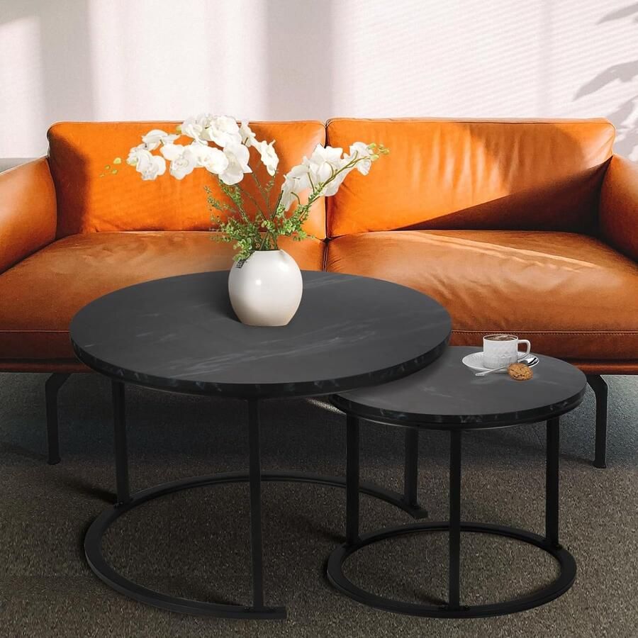 Unbranded Ronde salontafel van hout 2-delige set modern bijzettafelset met metalen frame voor woonkamer balkon kantoor